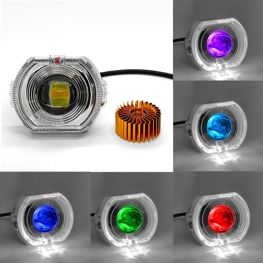 Universal LED ไฟหน้าโปรเจคเตอร์เลนส์ Angel Devil Eyes Dual Halo DRL Hi/Lo Strobe Light