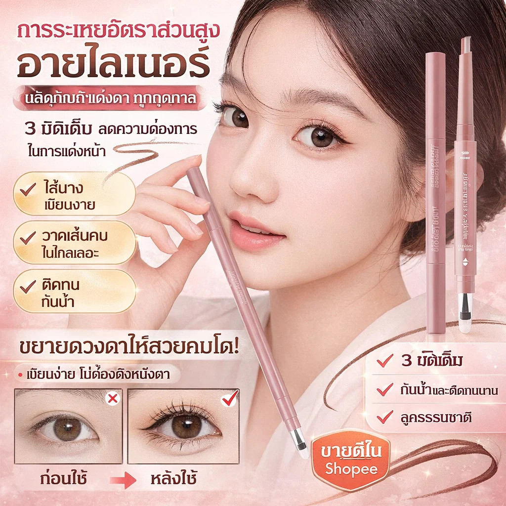 ปากกาดอลลี่อาย 2หัว ไฮไลต์+เฉดดิ้ง พร้อมแปรงเบลนด์ สีธรรมชาติ ใช้ง่าย วาดถุงใต้ตา 3D ฟูเด้ง กันน้ํากันเหงื่อ