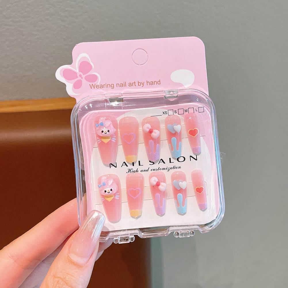 Kuromi Melody Cinnamoroll สวมใส่เล็บปลอม Kawaii เล็บที่ถอดออกได้ยาว M5r9 สไตล์ปลอม P7l6