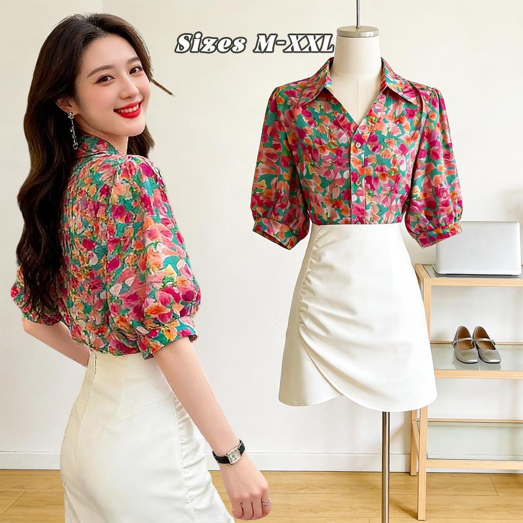 Chili Koko เสื้อเชิ้ตผู้หญิงสไตล์เรโทรฝรั่งเศส พิมพ์ลายดอกไม้ มีปกและแขนพอง ไซส์ใหญ่ เสื้อลายดอกผู้หญิง M-XXL W392