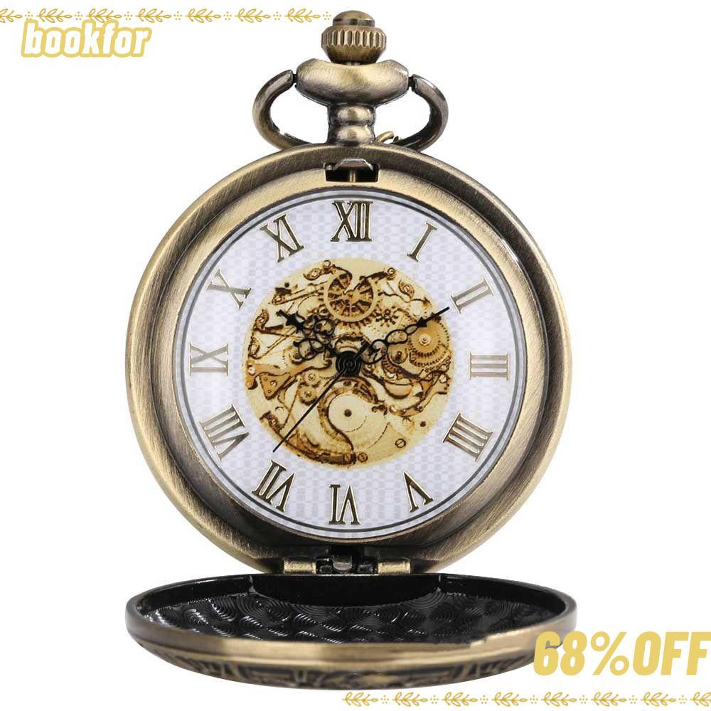 BOOKFOR นาฬิกาพก, นาฬิกาควอทซ์วินเทจหน้าปัดโรมัน, ขายร้อนพร้อมสร้อยคอโซ่ Steampunk Retro รูปแบบเกียร์ Retro นาฬิกาผู้ชาย