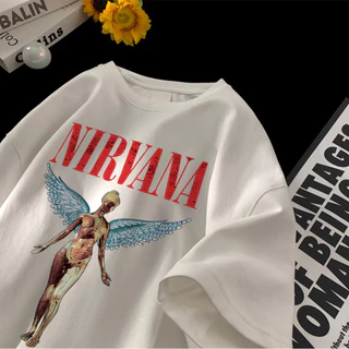 (จัดส่งตลอด 24 ชั่วโมง)Woo Right ผ้าฝ้าย100% Nirvana วงดนตรี เสื้อยืดผ้าฟอก oversize ผ้าคอตตอน100% สไตส์อเมริกา I001113