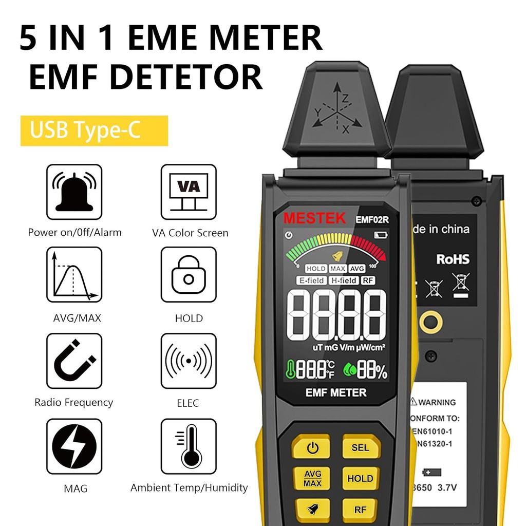 เครื่องตรวจจับ EMF, MESTEK 5 in 1 EMF Meter เครื่องตรวจจับรังสี, สนามไฟฟ้า, อุณหภูมิสนามความถี่วิทยุ