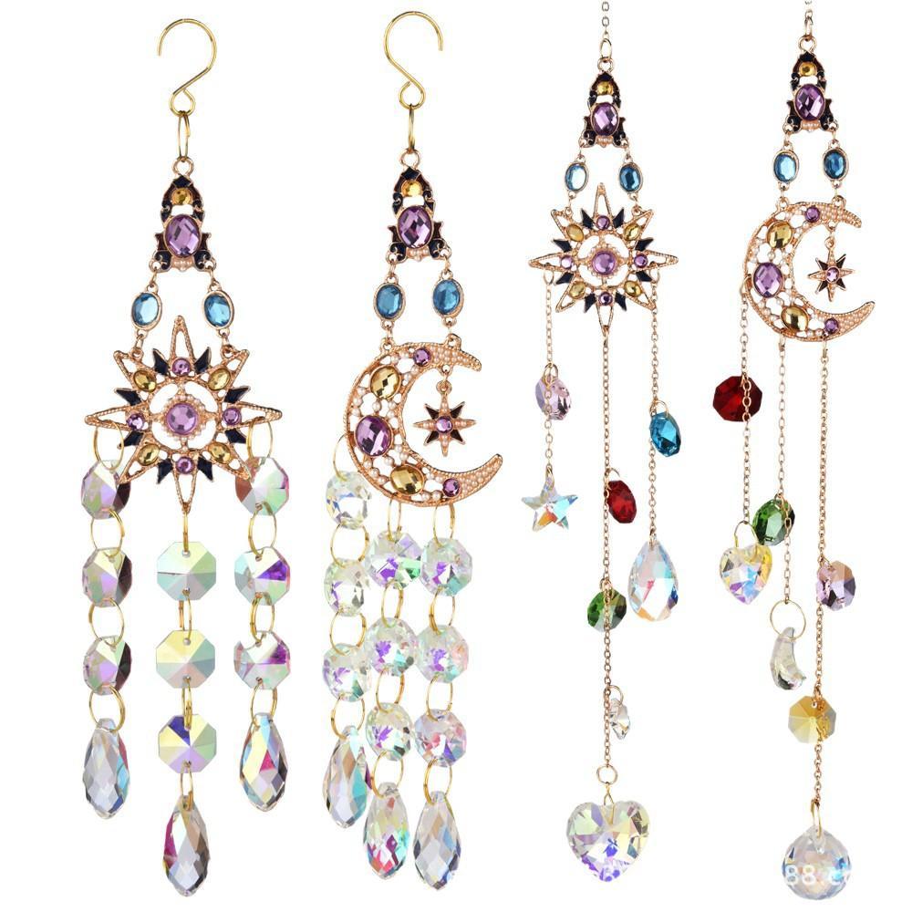 Sun & Moon คริสตัล Suncatcher แขวนเครื่องประดับที่มีสีสัน Prism ลูกปัดคริสตัล Suncatcher ที่มีกรอบโลหะสีทอง, Rainbow Maker สําหรับหน้าต่าง, บ้านและสวน Decor