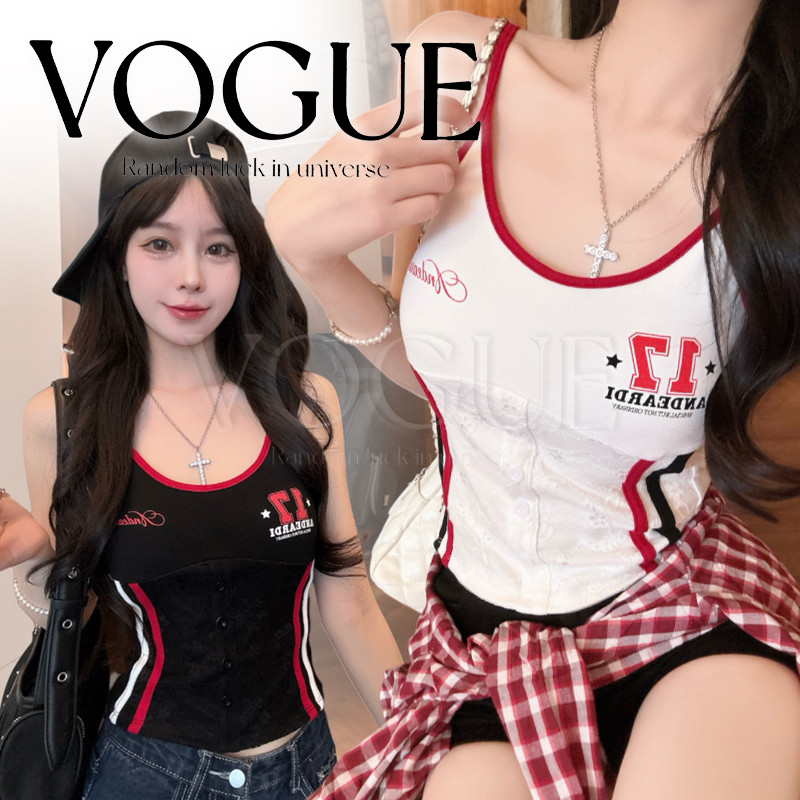 Vogue🌟พร้อมส่ง🌟เสื้อสายเดี่ยว ดีเทลลูกไม้แต่งกระดุม ปักเลขเก๋ๆ เข้ารูปผ้านุ่มสบาย (FY10185)