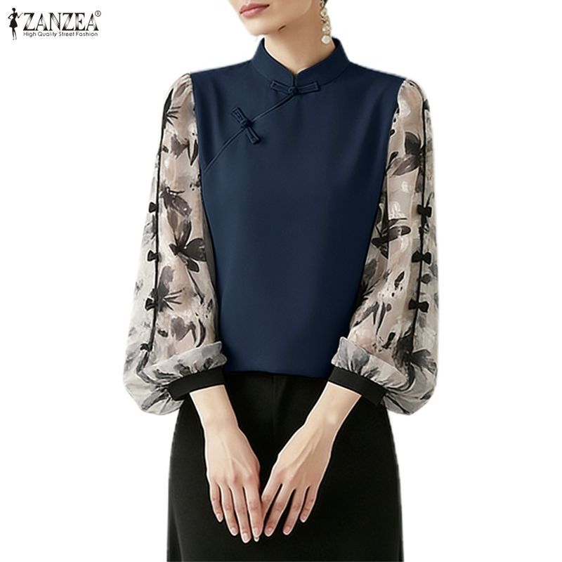 ZANZEA ผู้หญิงเกาหลีปกแขนยาวดอกไม้ Patchwork Bowtie เสื้อ