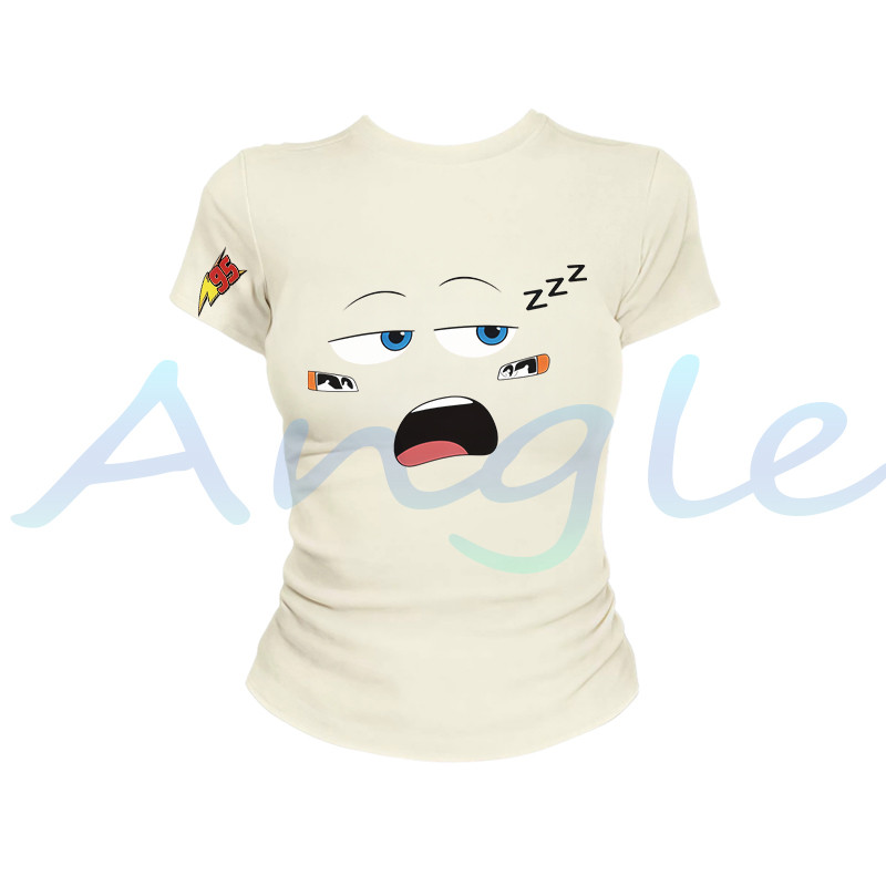 (จัดส่งตลอด 24 ชั่วโมง）Angle Official เสื้อยืดลำลองผู้หญิง พิมพ์ลายหน้ายิ้มสุดน่ารักสไตล์สาวอเมริกัน ทรงเข้ารูป T31