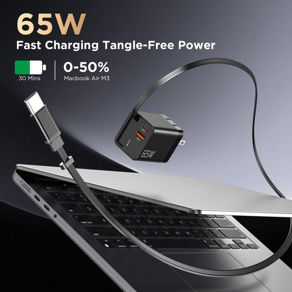 ที่ชาร์จผนังแบบยืดได้ 65W สาย C ในตัวและพอร์ตชาร์จ USB C คู่ PD PPS อะแดปเตอร์ชาร์จไฟ GaN ชาร์จเร็วส