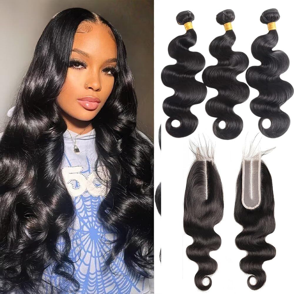 Body Wave Bundles - 100% -human hair สำหรับผมสีดำของผู้หญิง มาพร้อมปิดแบบเนียนตา (18 20 22+2X6 Hd La