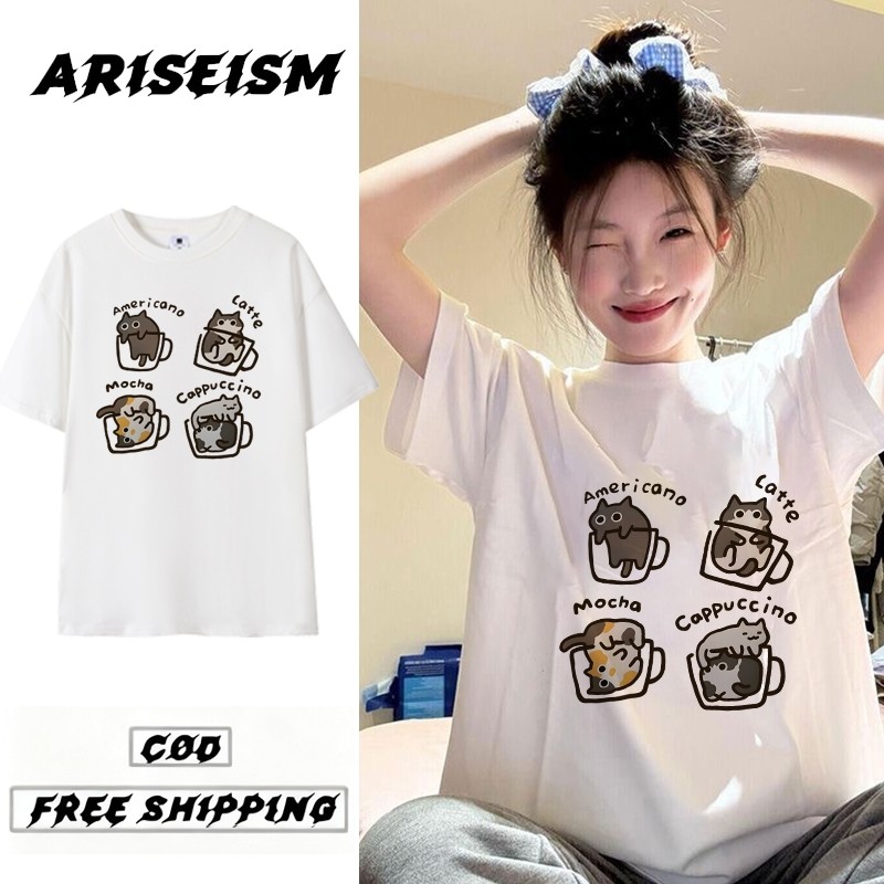 CODเสื้อยืดผู้หญิงเกาหลีการ์ตูนแมวพิมพ์น่ารักฤดูร้อนใหม่รอบคอสีขาวแขนสั้นtopKorea 0QCP