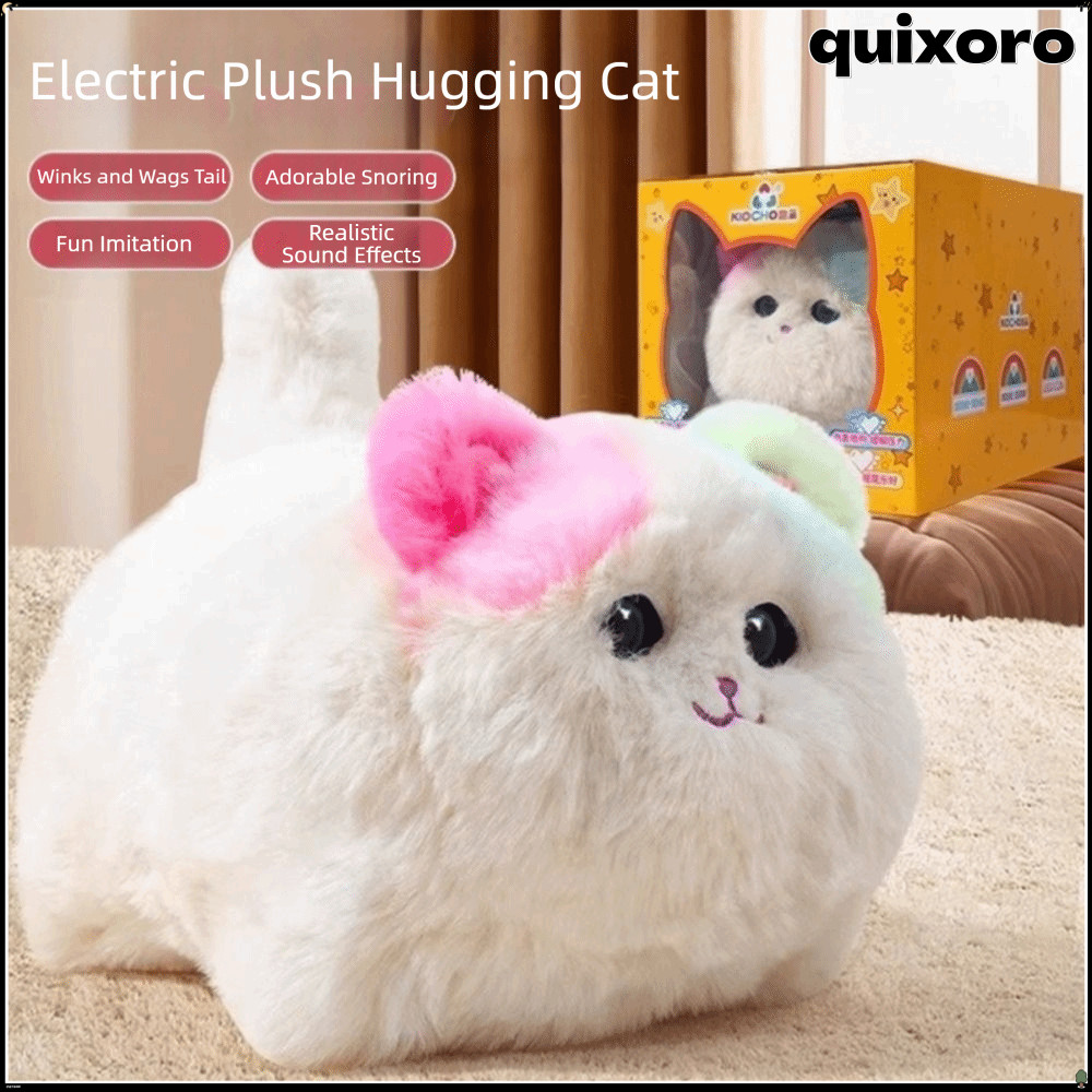 QUIXORO Interactive Huggy Cat,ตุ๊กตาไฟฟ้าที่สมจริงตุ๊กตาไฟฟ้า,ตุ๊กตาสัตว์จําลองออกแบบพูดคุณสมบัติฟัง