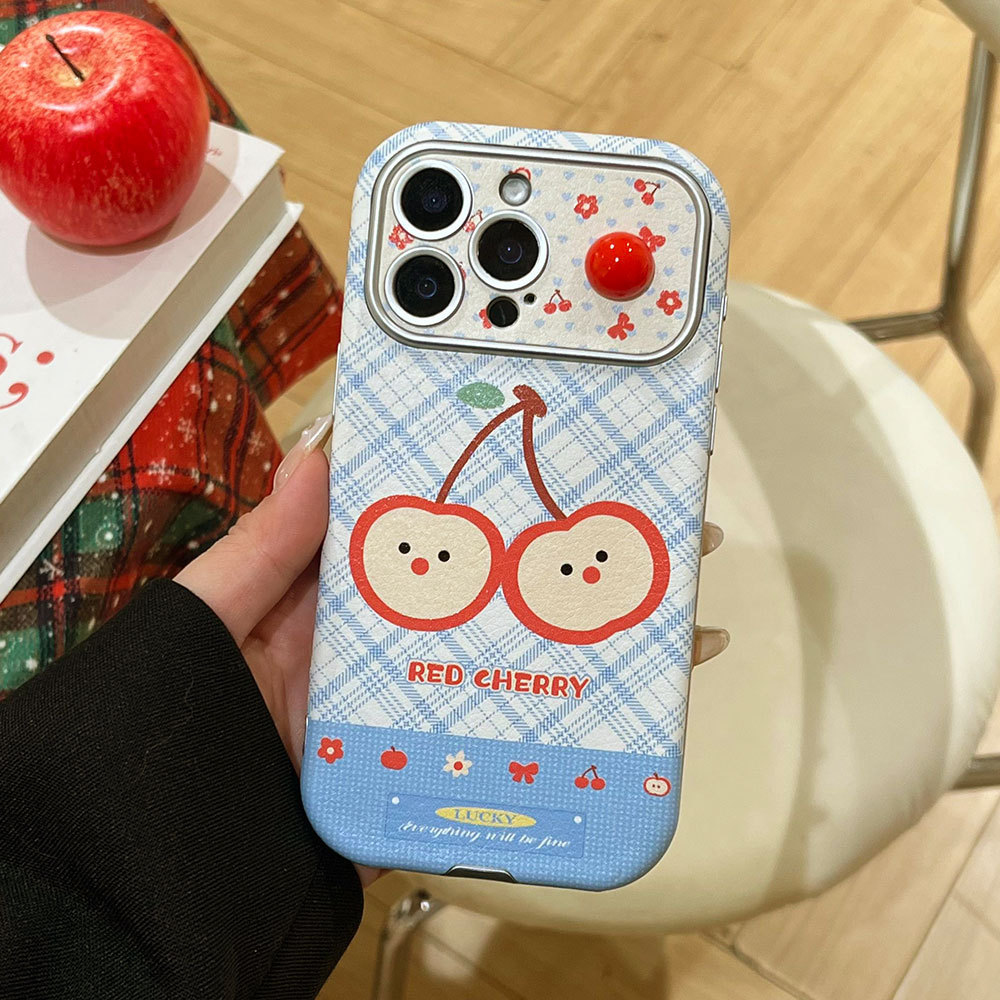 สองเชอร์รี่สีแดงเหมาะสําหรับ Apple Lambskin หน้าต่างขนาดใหญ่ iPhone16 เคสป้องกัน 15 Apple 17PM เคสโท