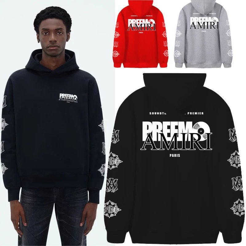 5QTZ Street Wear AMIRI PREEMO HOODIE เสื้อกันหนาวมีฮู้ดผู้ชายผู้หญิงคู่สวมใส่ฤดูใบไม้ร่วงฤดูหนาวขนแก