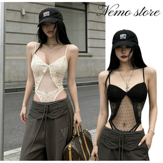 Nemo store🌸#FY5078 ชุดบอดี้สูท รัดรูปลายลุกไม้สีครีม ซรีทรูเ…