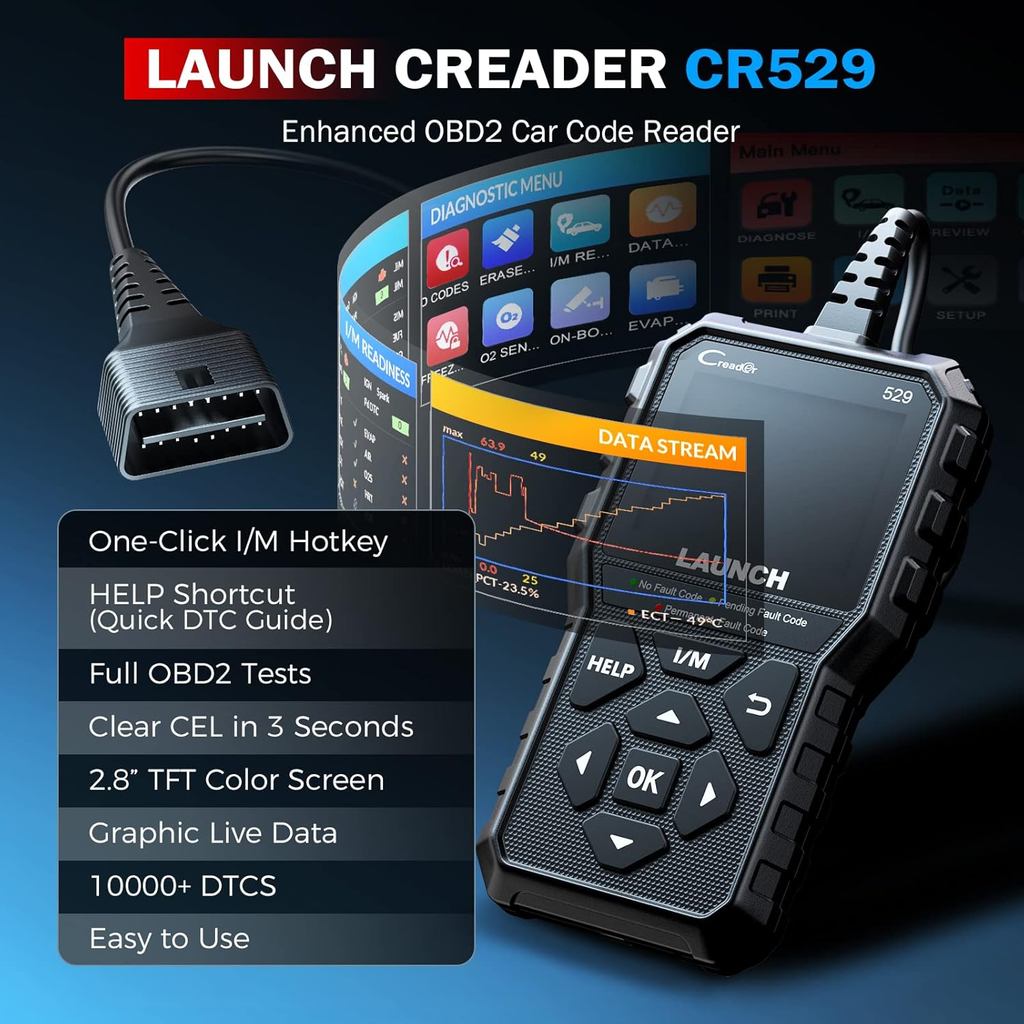 เครื่องมือวินิจฉัยเครื่องสแกนเนอร์ LAUNCH CR529 OBD2, เครื่องสแกนเนอร์ OBD2 เต็มรูปแบบสําหรับรถยนต์,