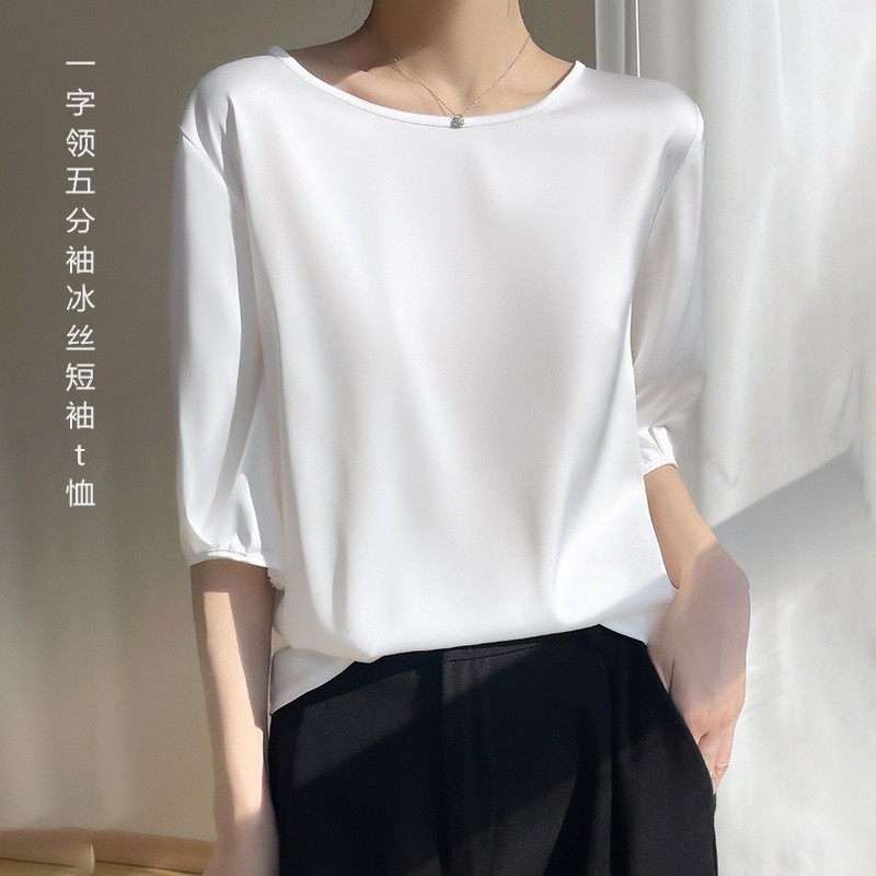 แขนสั้นห้าจุดด้านบนผ้าไหมใหญ่สไตล์ใหม่korea2025น้ําแข็งฤดูร้อนเสื้อขนาดTtwหลวมแขนCross-Borderเสื้อกั