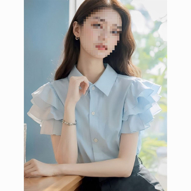 สไตล์ใหม่แฟชั่น 2025 ฤดูร้อนยอดนิยมลดเกาหลีผู้หญิงแขน tw สีชมพูอายุเล็ก Lotus Leaf Niche Design เสื้