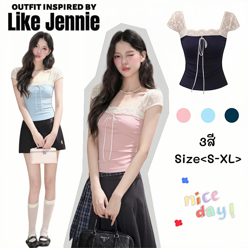 Jennie💦พร้อมส่ง🌷เสื้อแขนสั้นทรงครอปแต่งลูกไม้ ดีไซน์โบว์เก๋ๆเสื้อยืดคอสี่เหลี่ยม ทรงลำลอง สไตล์ฝรั่งเศสแฟชั่นผู้หญิง