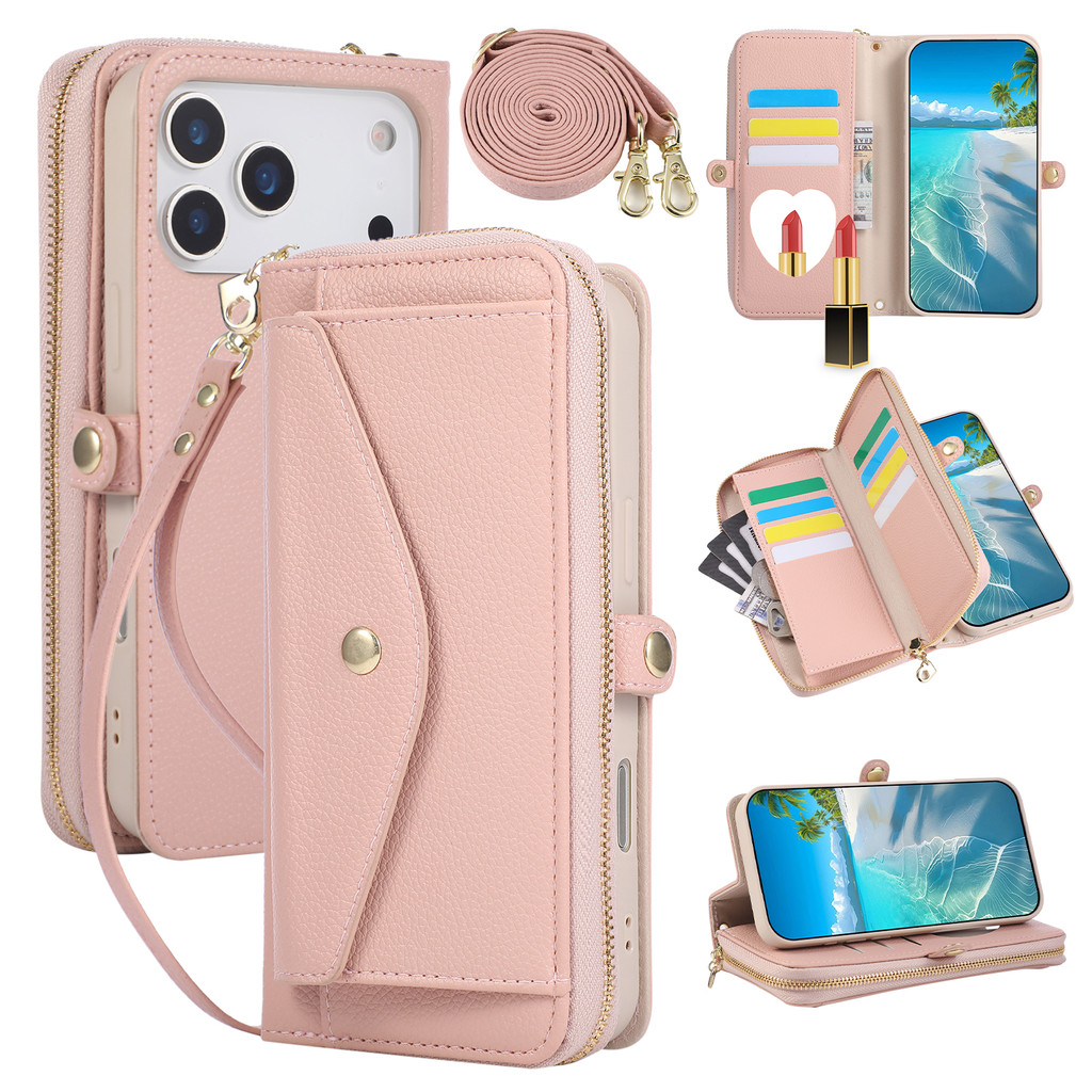 เคสโทรศัพท์ เคส ช่องใส่การ์ดสําหรับiPhone15 Pro Maxพร้อมสายคล้องlanyard Flip Coverพร้อมช่องใส่การ์ดกระเป๋าสตางค์กระเป๋าสําหรับiPhone 16 Pro Max 17 Pro Max 14 15 16 Plus Case 13 12 11 promax 16Eพร้อมกระจก