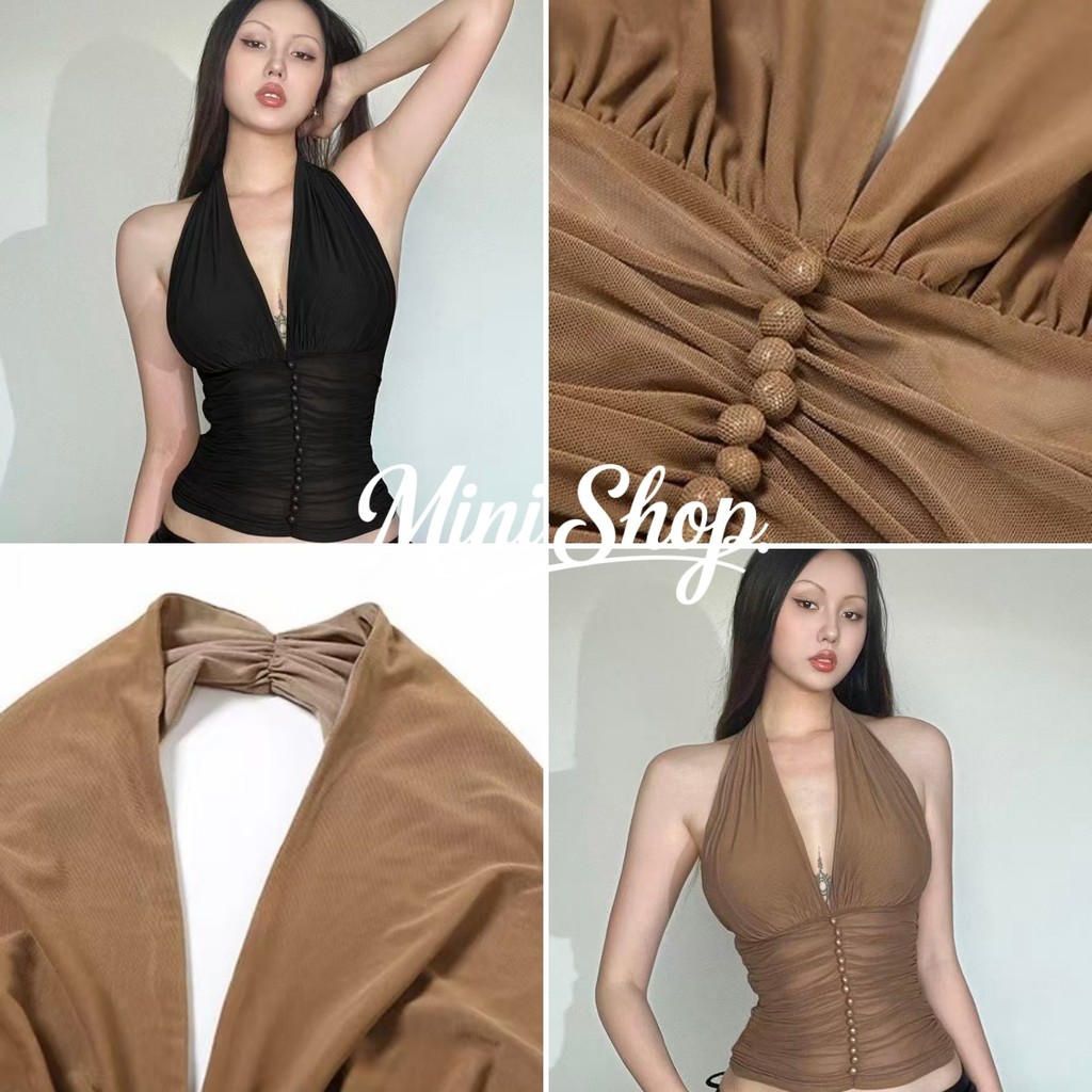 Mini shop🌸พร้อมส่ง🌸(FY5099#1)เสื้อคล้องคอเปิดไหล่ แต่งกระดุมกลม เรียบหรู ใส่สบาย ไม่มีฟองน้ำ เสื้อแฟชั่น สายเดี่ยว