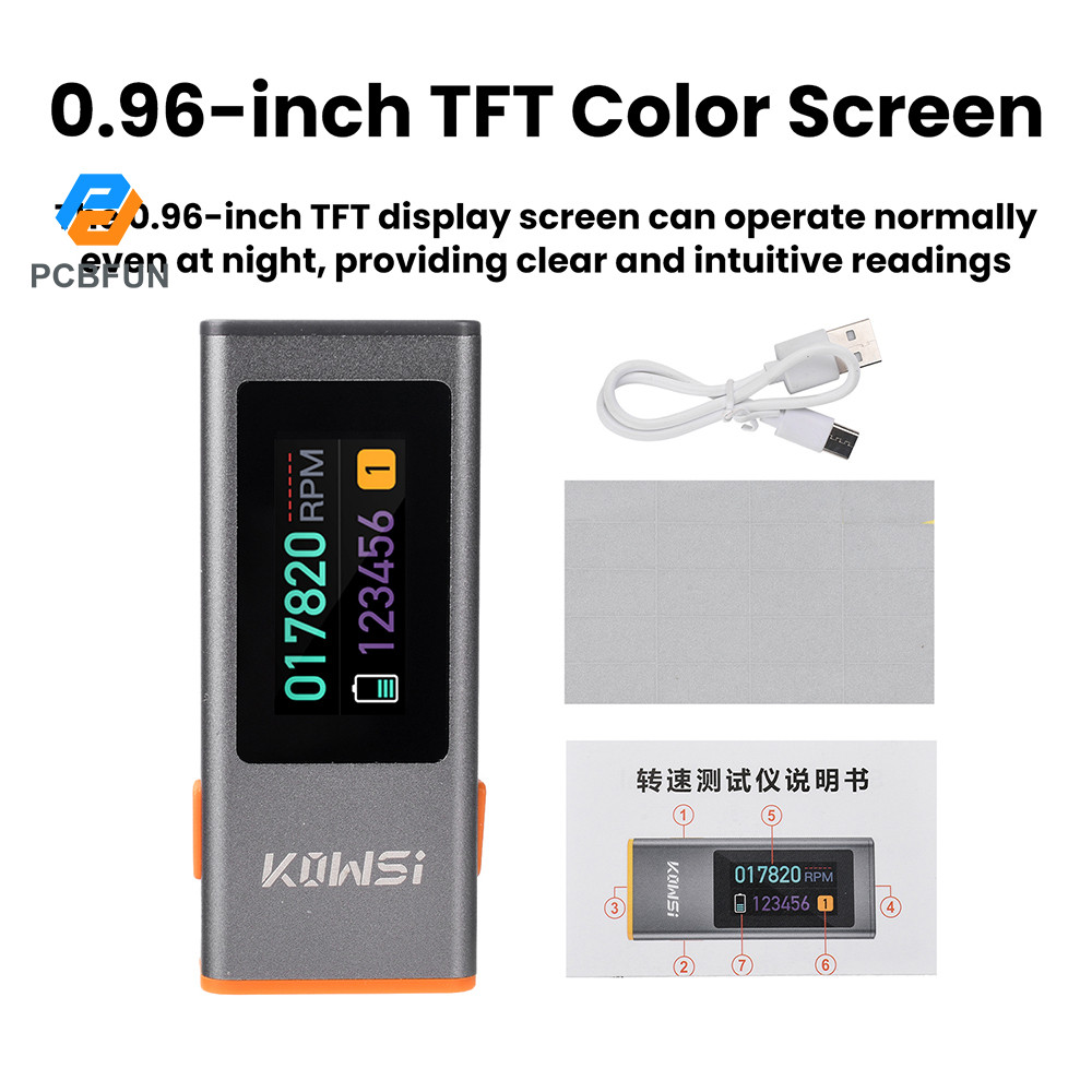Pcbfun DC 5V 0.5A 0.96 นิ้ว TFT หน้าจอสีเครื่องทดสอบ RPM อินฟราเรดพร้อมเซ็นเซอร์เลเซอร์สําหรับการวัดแบบไม่สัมผัสและพอร์ต USB-C