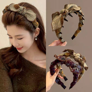 (พร้อมส่งในไทย) ที่คาดผมโบว์ ผ้าขน แบบหยักและสูง มีซี่ดันกันลื่น ยกโคนผม