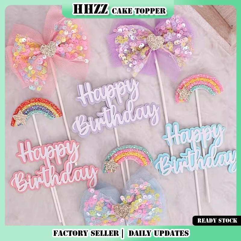 Pastel Happy Birthday Cake Topper Set - Tulle Bow & Glitter Rainbow Decor สําหรับเค้กวันเกิด