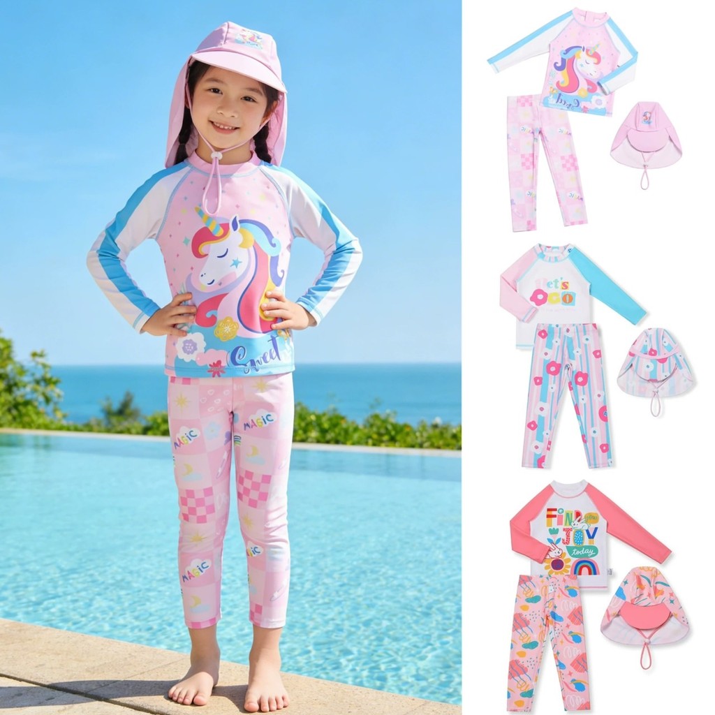 PRETTY BABY ชุดว่ายน้ำเด็ก ชุดว่ายน้ำกันแดด UPF50+ เสื้อแขนยาว+กางเกงขายาว+หมวก (2101)