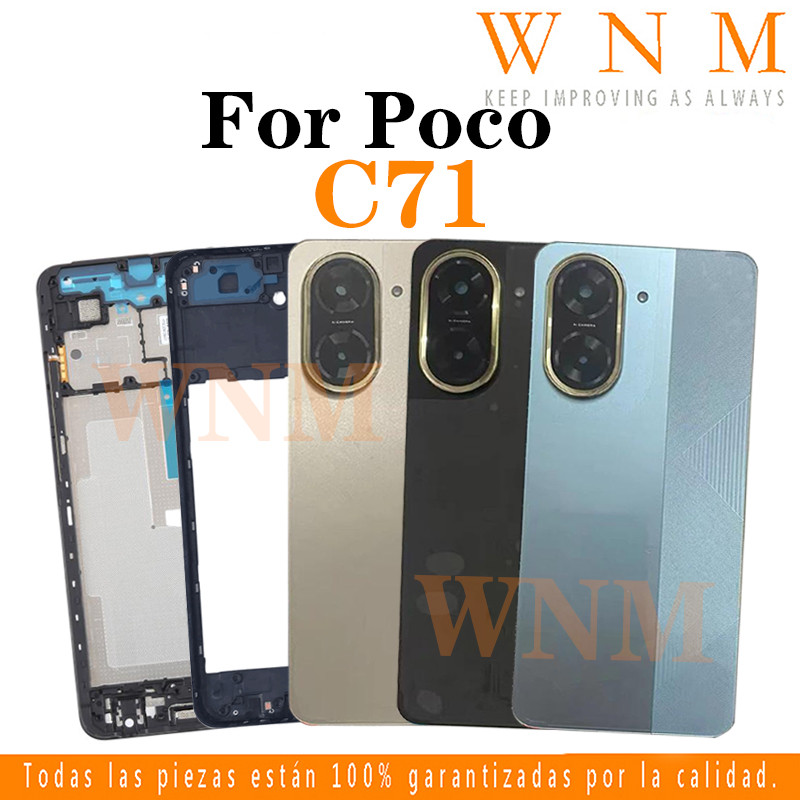 สําหรับ Poco C71 LCD กรอบด้านหน้า Bezel ฝาหลังแบตเตอรี่ + กรอบกลาง + ชิ้นส่วนกรอบกล้องด้านหลังกรณีฝาครอบแชสซีกลาง + ปุ่ม