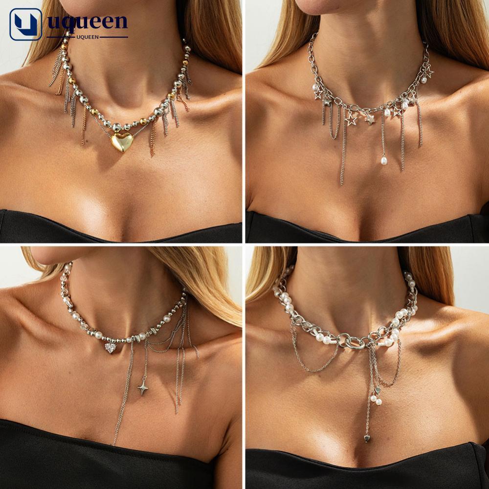 UQUEEN หวาน Cool พู่หัวใจจี้สร้อยคอ Faux Pearl Chain Minimalist Collarbone CHAIN Choker Niche ออกแบบ