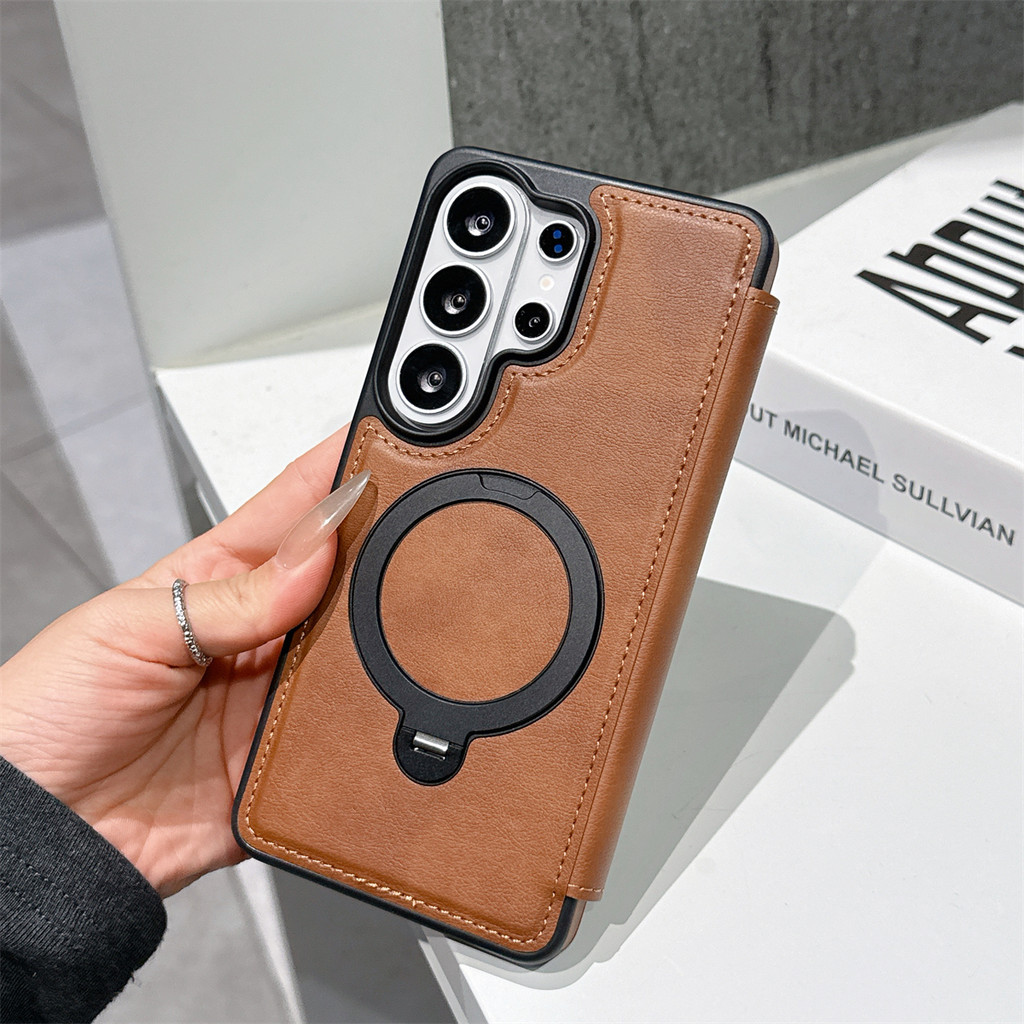 พรีเมี่ยมธุรกิจ Vintage 360 หมุนช่องใส่การ์ด RFID Blocking ปิดแม่เหล็กกันกระแทก Minimalist Flip สําหรับ Samsung Galaxy S26ULTRA S26Plus S26 S25 S24 S23 S22 S25 FE – โปรปัง