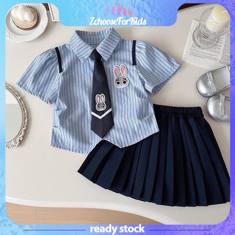 ❤️🇹🇭[พร้อมส่ง]🇹🇭 ชุดเด็กผู้หญิงน่ารัก ลายกระต่าย เสื้อเชิ้ตแขนสั้น + กระโปรงพลีท สไตล์นักเรียน เซต 2 ชิ้น หน้าร้อน
