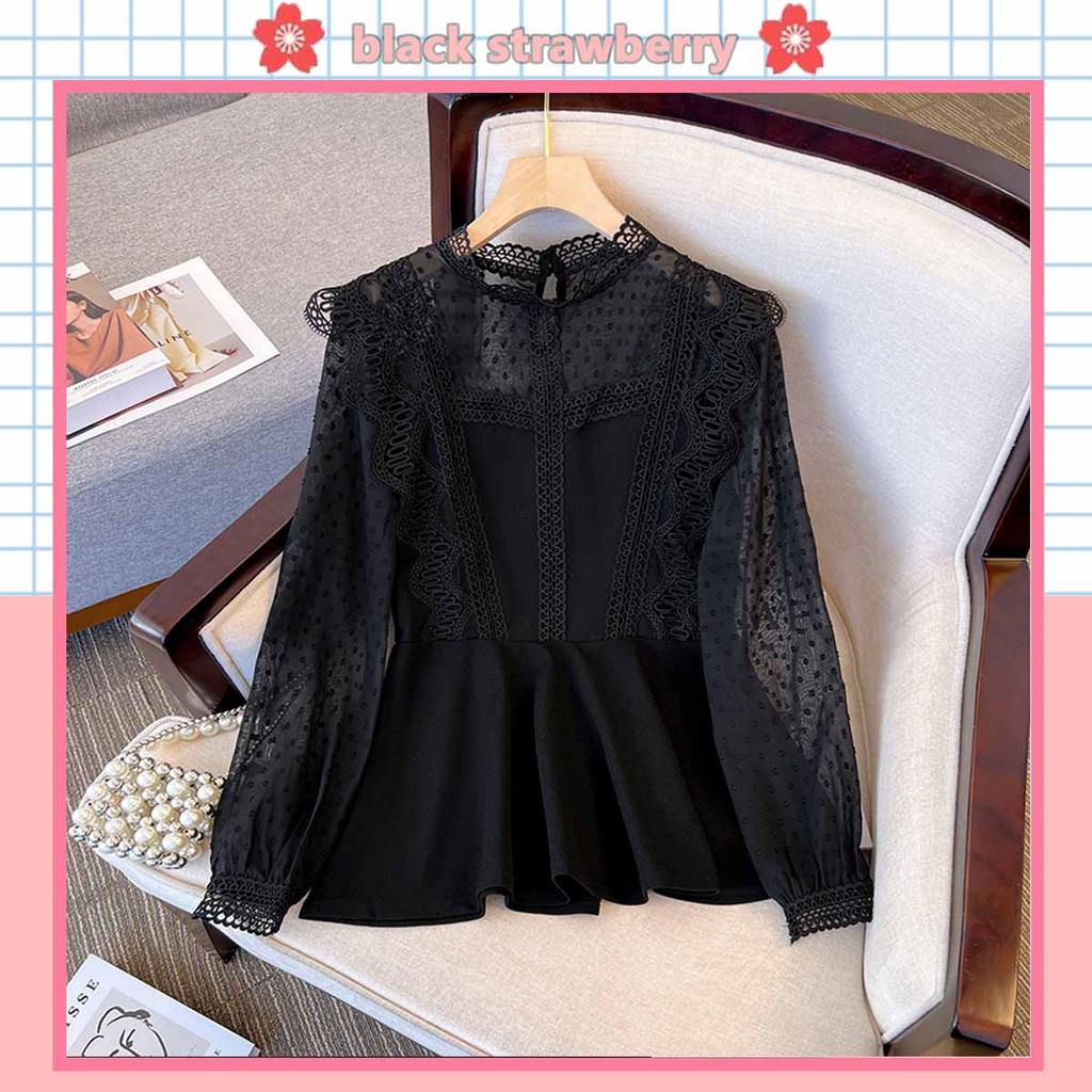 Black#เสื้อผู้หญิงไซส์ใหญ่ คอลเลคชั่นใหม่ต้นฤดูใบไม้ร่วงปี 2026 ผ้าชีฟองลูกไม้ลายจุดแบบเรโทรหรูหรา รุ่นw699