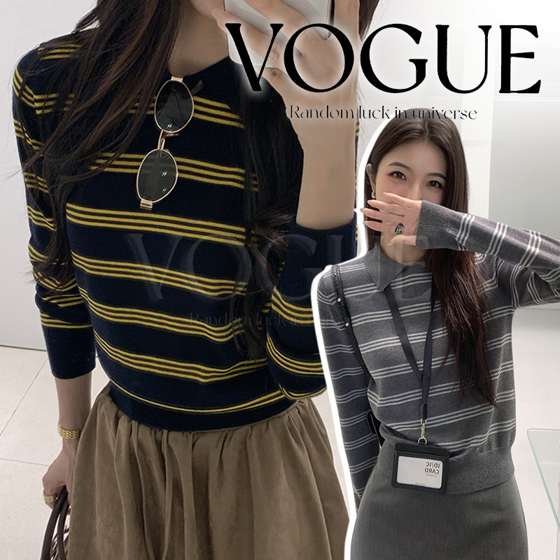 Vogue🌟พร้อมส่ง🌟 เสื้อแขนยาวไหมพรม คอปก ดีเทลลายทาง ครอปสั้น รัดพอดีตัว (K091)