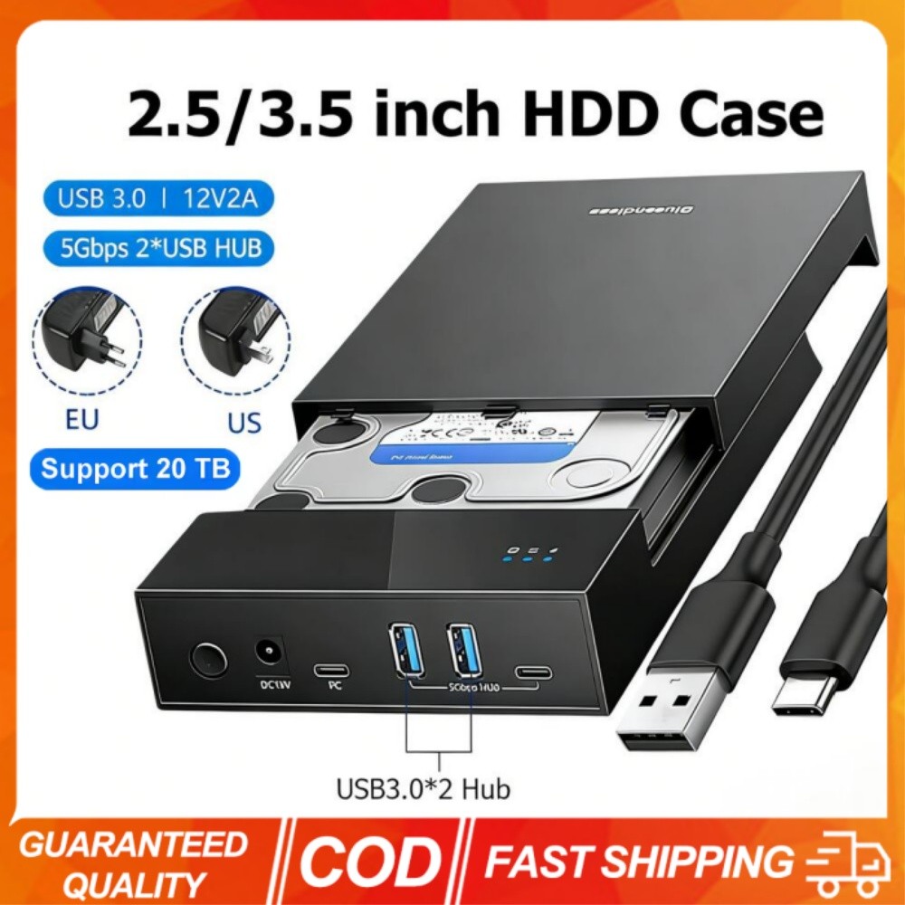 เคส HDD 2.5/3.5 นิ้วพร้อม USB3.0 HUB รองรับพอร์ต USB 20TB กล่องฮาร์ดไดรฟ์ภายนอก Reader ไดรฟ์สําหรับแล็ปท็อปพร้อมอะแดปเตอร์ไฟ 12V