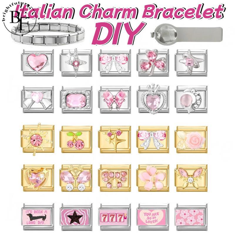สร้อยข้อมือ charm ดอกไม้สีชมพูเชอร์รี่อิตาเลียน สแตนเลส DIY ดีไซน์เรโทร เพิ่มบุคลิกภาพ