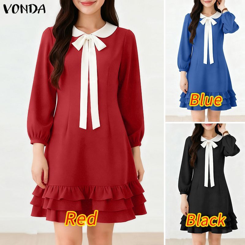 VONDA ชุดเดรสผู้หญิงสไตล์เกาหลี ดีไซน์ที่เรียบหรู มีโบว์และระบายหลายชั้น — صورة 3