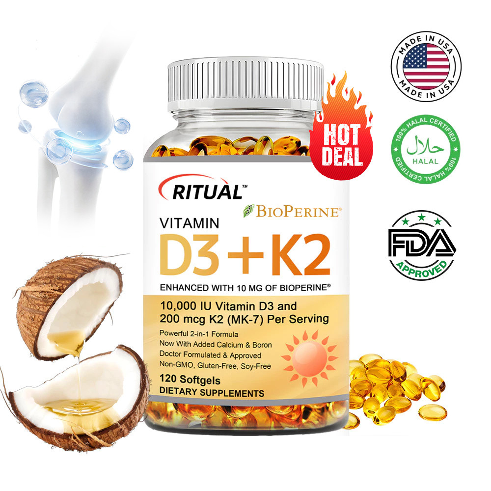 วิตามิน D3 K2 10000 IU (250mcg) D3 + 200mcg K2 MK7 Immune System Booster อาหารเสริมพร้อม BioPerine