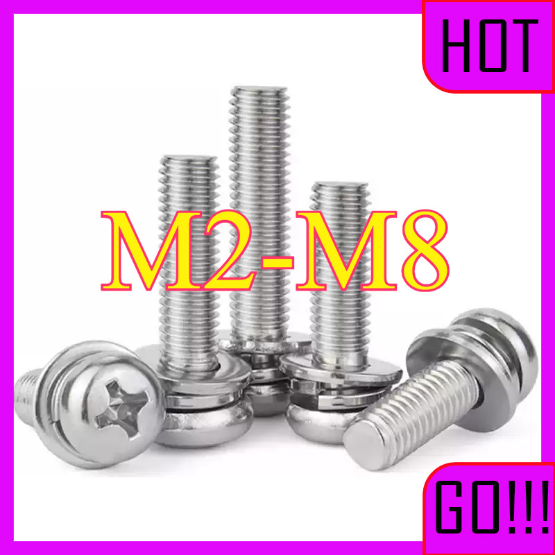 (ยกชุด) น็อต สกรู หัวกลม พร้อม แหวน+สปริง+ตัวเมีย สเตนเลส 316 เกลียวมิล / (Set) Pan Headรู  M2-M8 * 