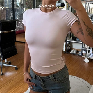 Augety Studio เสื้อยืดพื้นฐานเอวยางยืดคุณภาพสูง, BARE SKIN TOP