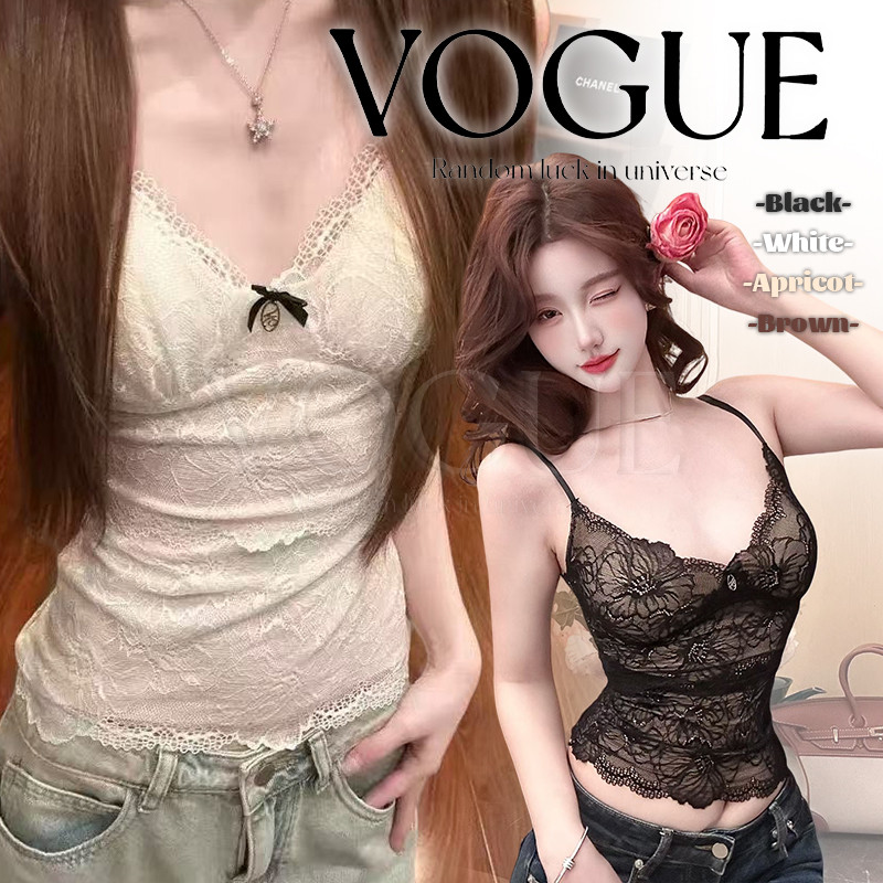 Vogue🌟พร้อมส่ง🌟 เสื้อสายเดี่ยว เสริมฟองน้ำในดีเทลลายลุกไม้ ทรงรัดรูป (FY2904)