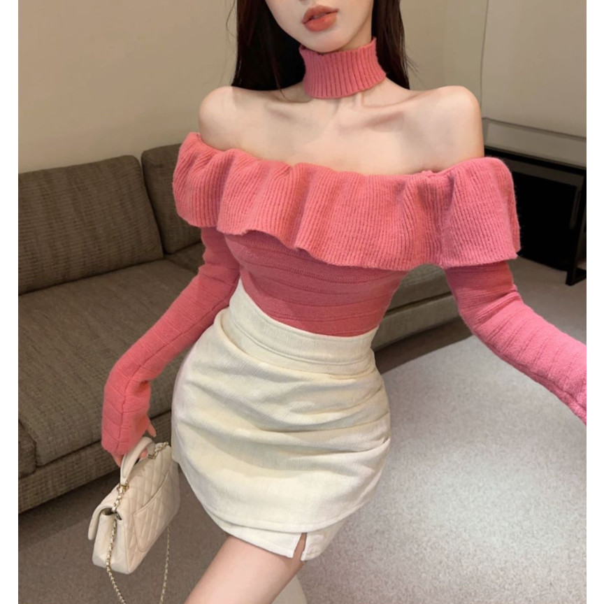 2026แฟชั่น2026สีชมพูไหล่เดียวถักด้านบนผู้หญิงระดับไฮเอนด์ฤดูใบไม้ร่วงฤดูหนาว ชม. เปลี่ยนแปลง คอคอสูง