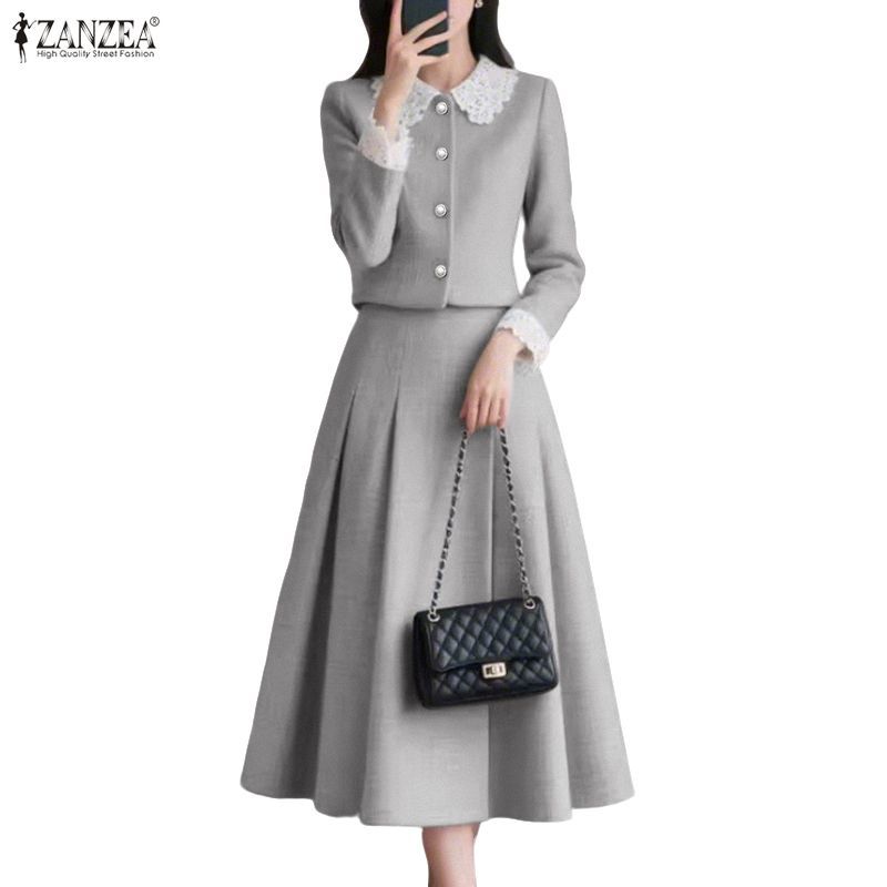 ZANZEA ชุดทำงานสำนักงานสไตล์เกาหลี ลายลูกไม้ แขนยาว.Button-Up พิมพ์ pleats A-line ชุดสองชิ้น