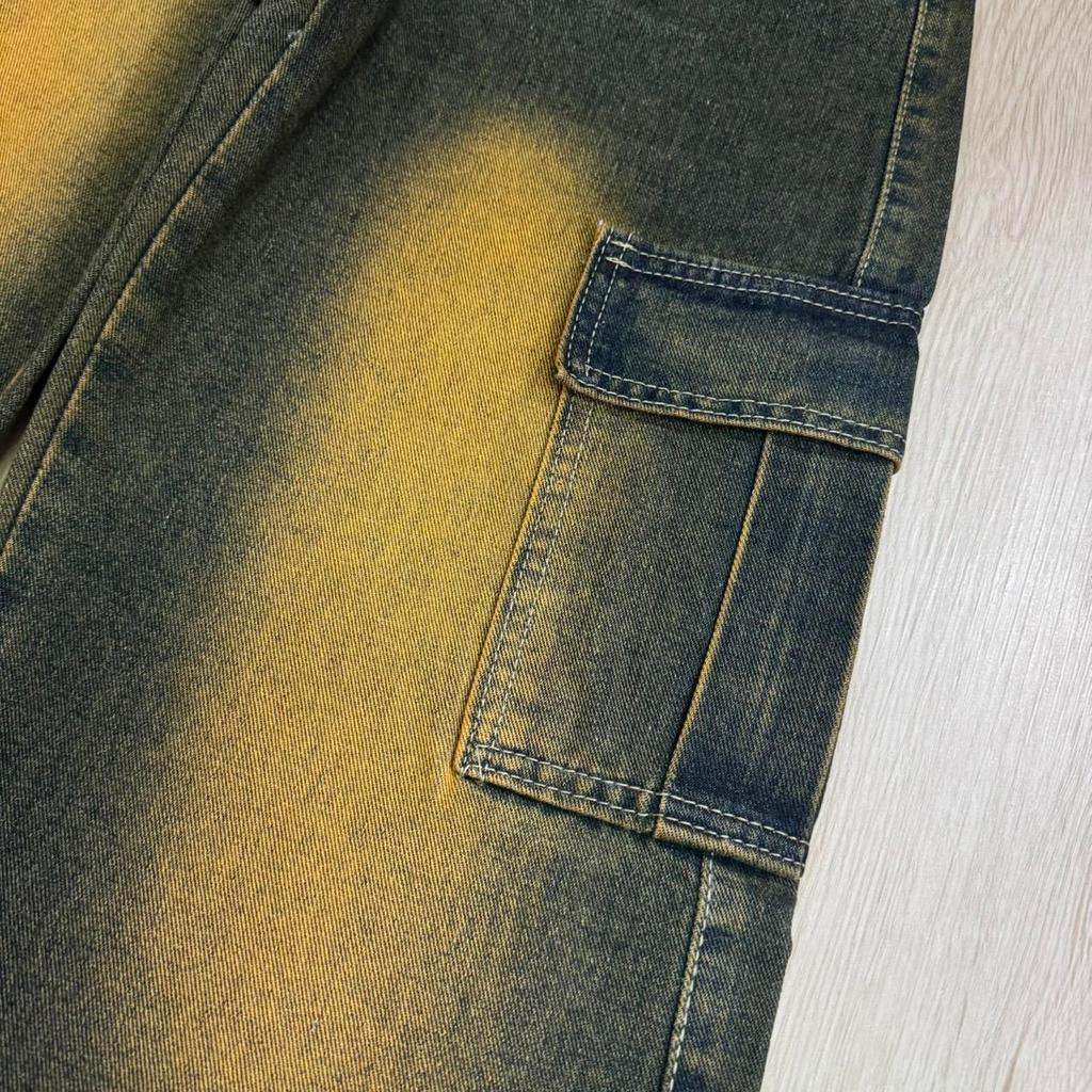 กางเกงยีนส์คาร์โก้ 6กระเป๋า สีสนิมเข้มแต่งเฟด ป้ายวินเทจดำ#8166 - รูปที่ 2