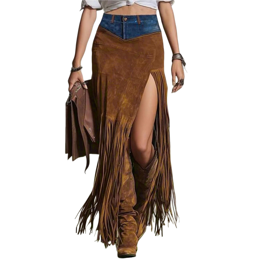 ผู้หญิงFaux SuedeกระโปรงเอวสูงBodycon Vintage Boho Denim Patchwork Fringe MaxiกระโปรงสําหรับWest Cowgirl
