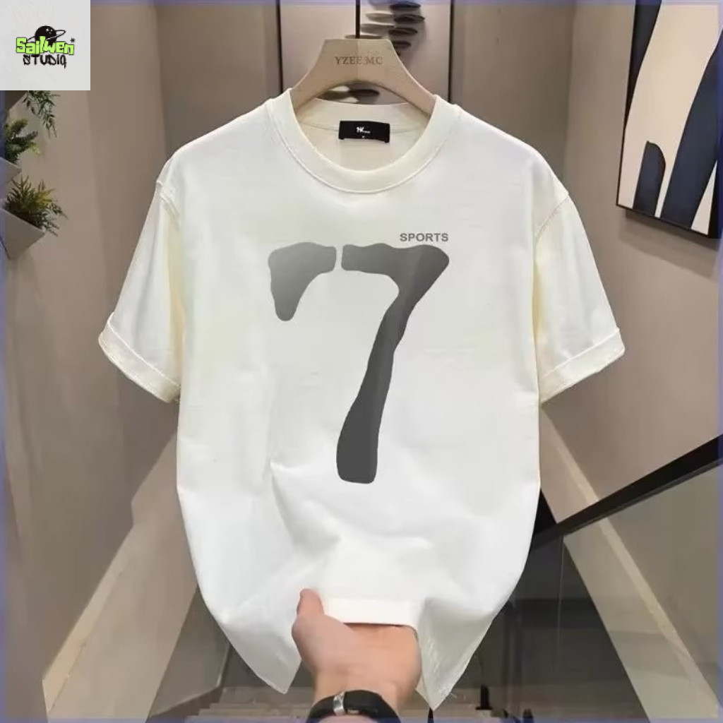 เสื้อยืดแขนสั้นผู้ชาย ดีไซน์ทันสมัยสำหรับฤดูร้อน ทำจากผ้าฝ้าย คอกลม พิมพ์ลายเลข "7"