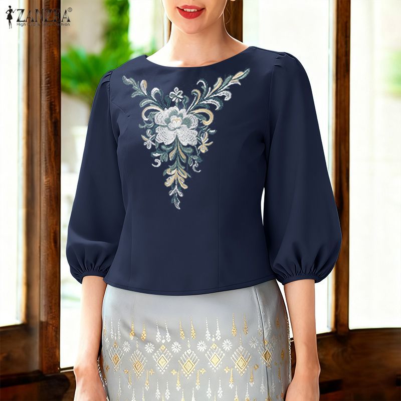 ZANZEA เสื้อแฟชั่นเกาหลีสำหรับผู้หญิง แขน3/4 ติดกระดุม ลายดอกไม้ — صورة 5