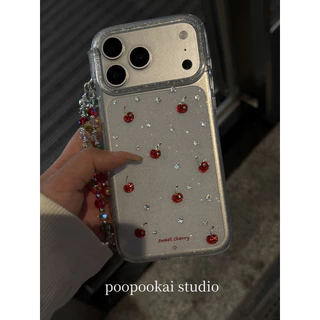 Case Chain Luxury Sparkle Cherry Red Bead Strap สําหรับ IPhone 17 Pro Max 16 Pro 15 14 Pro