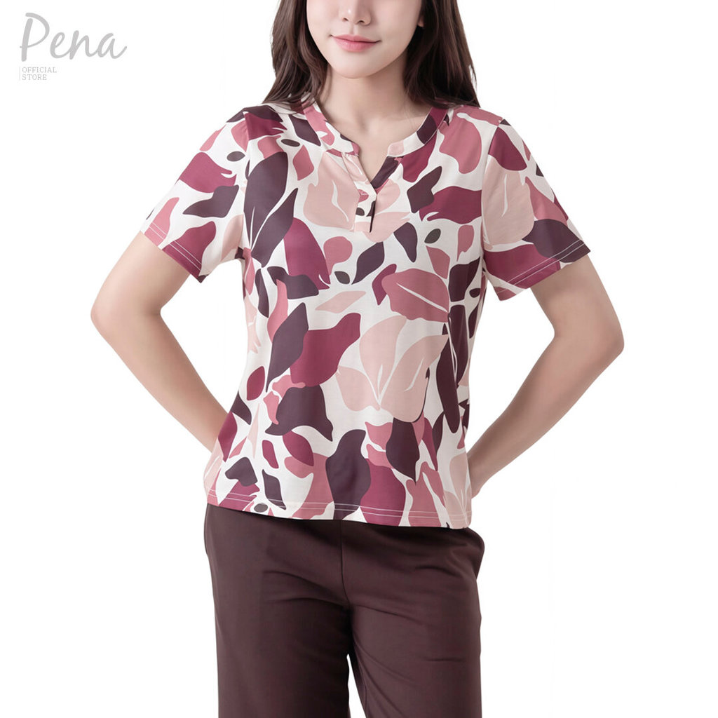 Pena house เสื้อยืดแขนสั้น คอจีนมีกระดุม ลายพิมพ์ใบไม้ PSTS012601