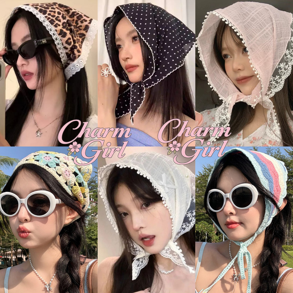 ผ้าโพกผมถักไหมพรม สไตล์เกาหลี   ขอบลูกไม้  ดีไซน์แบบผูกเชือก  แฟชั่นลายจุด  หลากหลายสไตล์